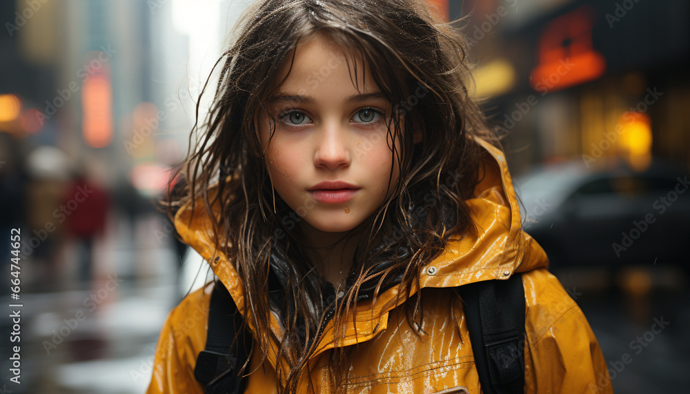 Smiling woman in raincoat, walking in city, looking at camera generated by AI