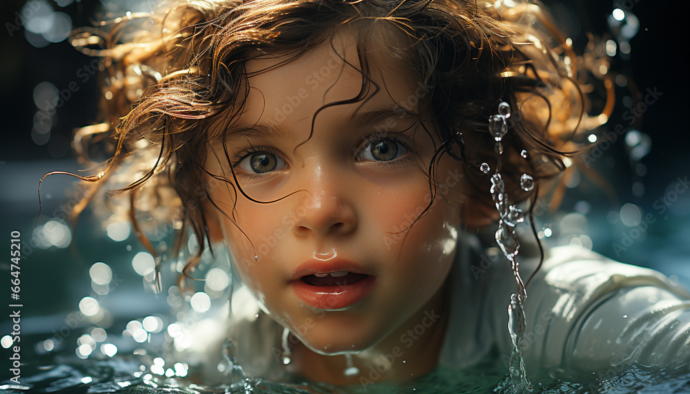 Smiling child splashing in water, enjoying the summer fun generated by AI