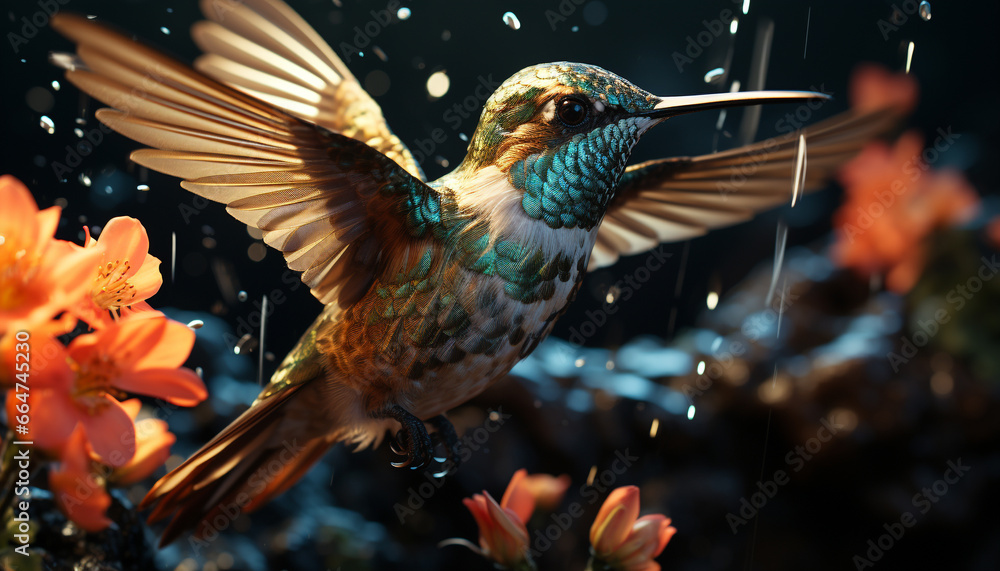 Hummingbird hovers, spreads wings, pollinates flower, showcases vibrant colors generated by AI