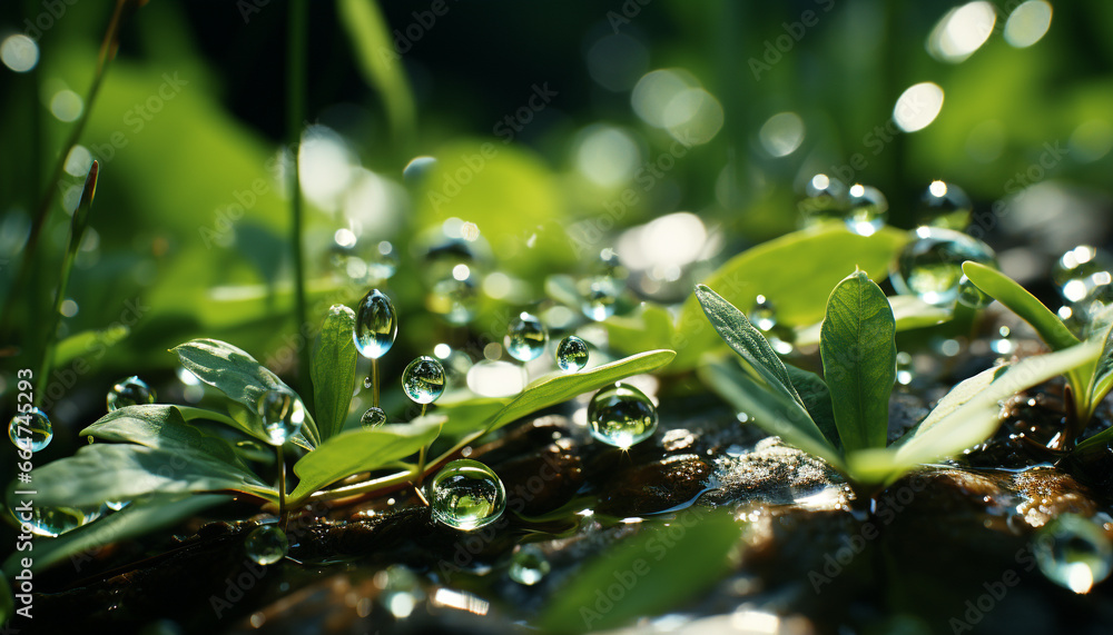 Nature green leaf, plant, and freshness reflect in the dewdrop generated by AI