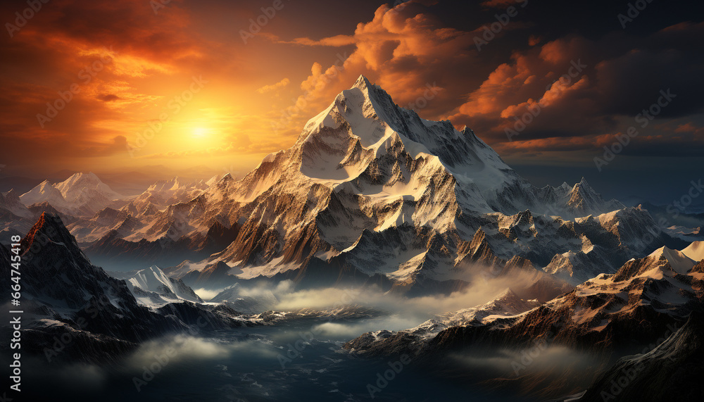 Majestic mountain peak, snow capped, panoramic landscape, sunset over the range generated by AI