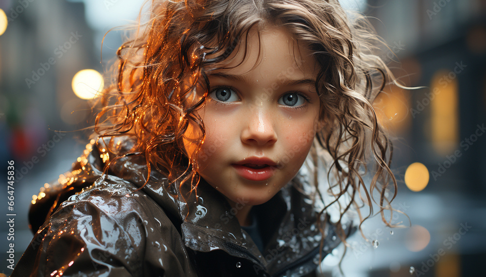 Smiling women in rain, wet hair, looking cute and cheerful generated by AI