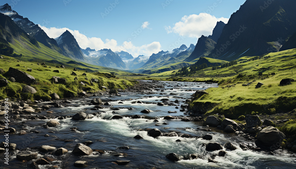 Majestic mountain peak, flowing water, tranquil meadow, green forest adventure generated by AI