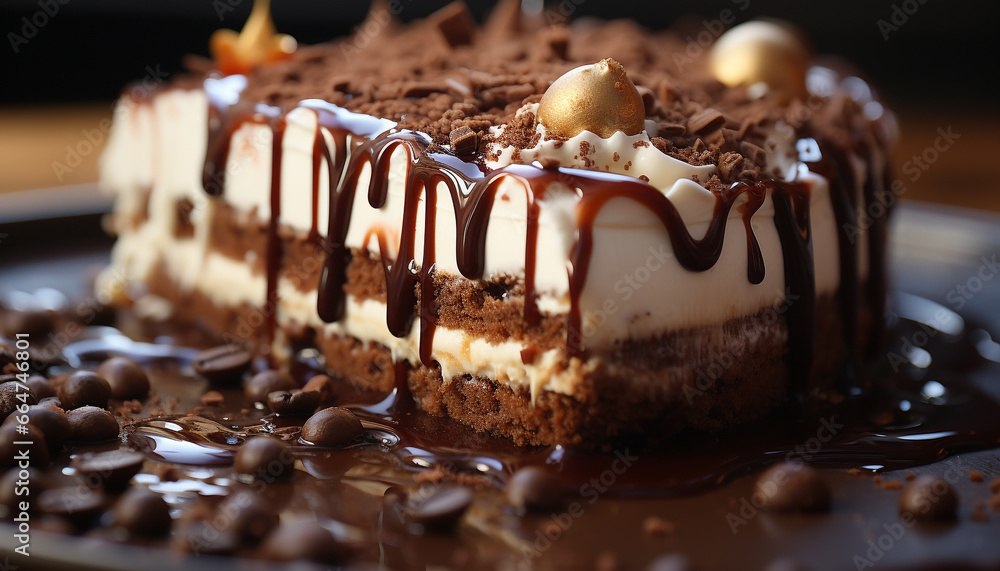 Gourmet chocolate cake slice on a wooden plate, indulgent dessert generated by AI