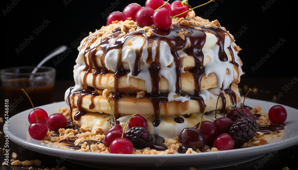 Freshness and sweetness on a plate, homemade berry pancake stack generated by AI