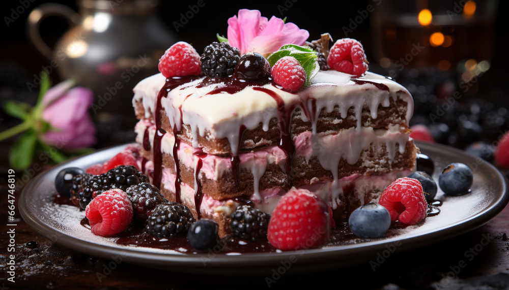 Freshness and sweetness on a plate, homemade berry cheesecake indulgence generated by AI