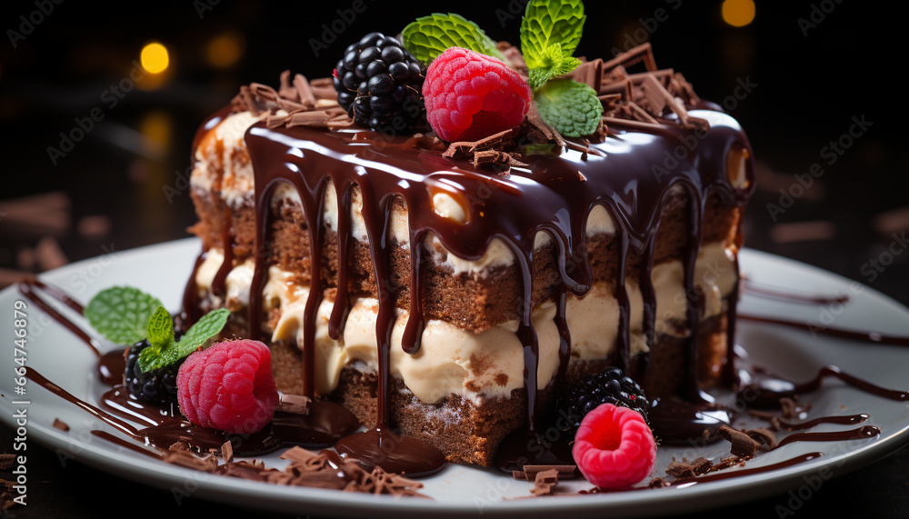 A decadent slice of homemade chocolate cake with raspberry garnish generated by AI