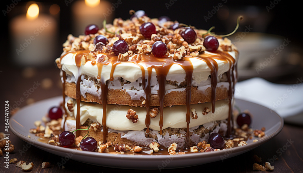 A decadent slice of homemade chocolate cheesecake on a rustic plate generated by AI