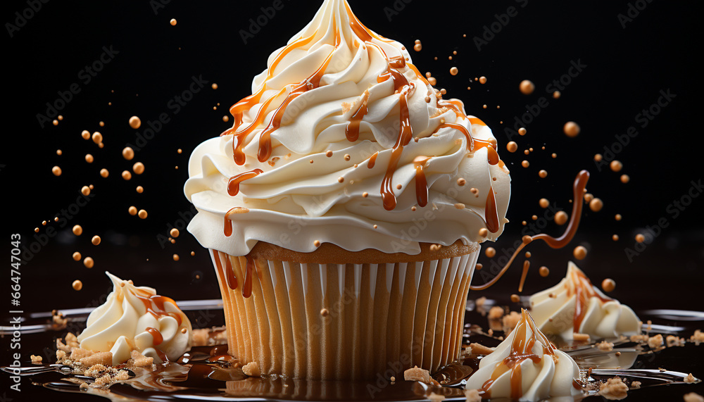 A cute small cupcake with whipped cream and chocolate decoration generated by AI