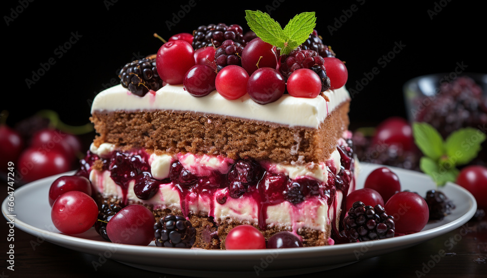 A refreshing plate of homemade berry cheesecake with chocolate cream generated by AI