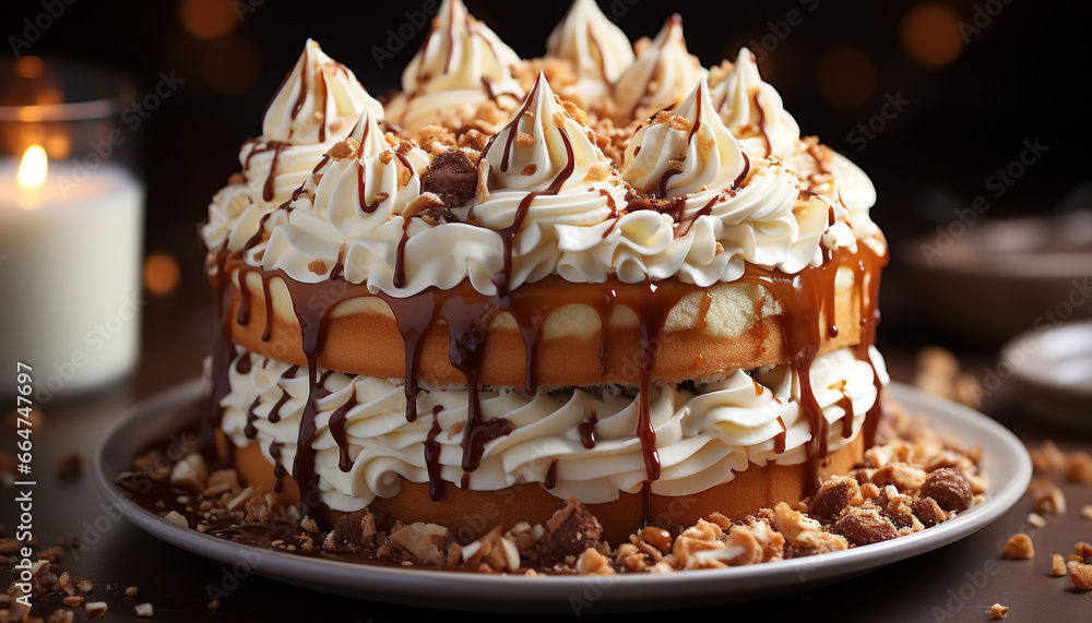 Freshly baked chocolate cake with whipped cream and fruit decoration generated by AI