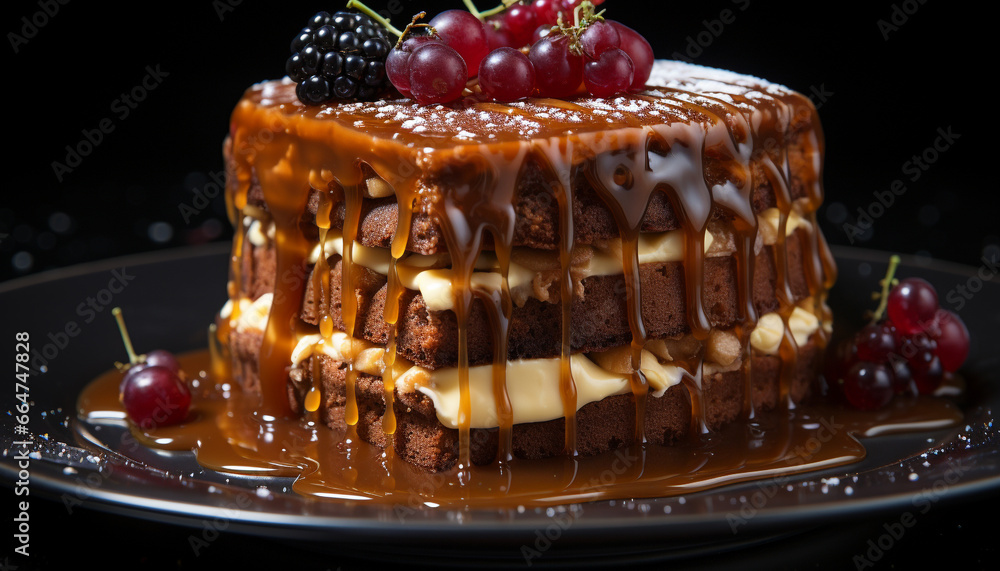 A decadent chocolate dessert on a plate, ready to indulge generated by AI