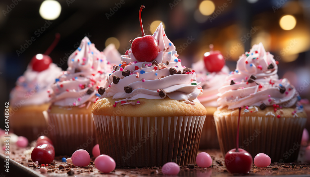 Homemade cupcake, sweet indulgence, decorated with chocolate icing and fruit generated by AI