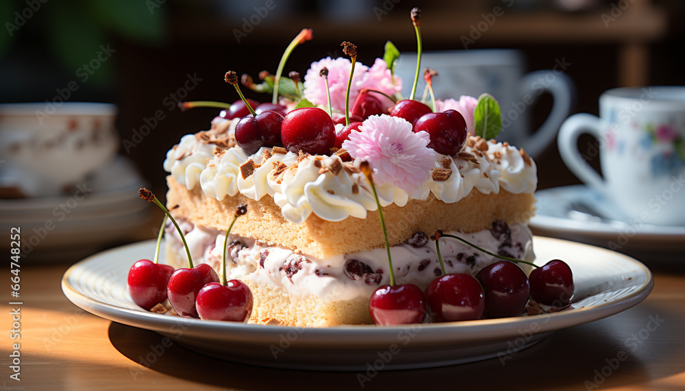 Freshness and sweetness on a wooden table, homemade berry cheesecake generated by AI