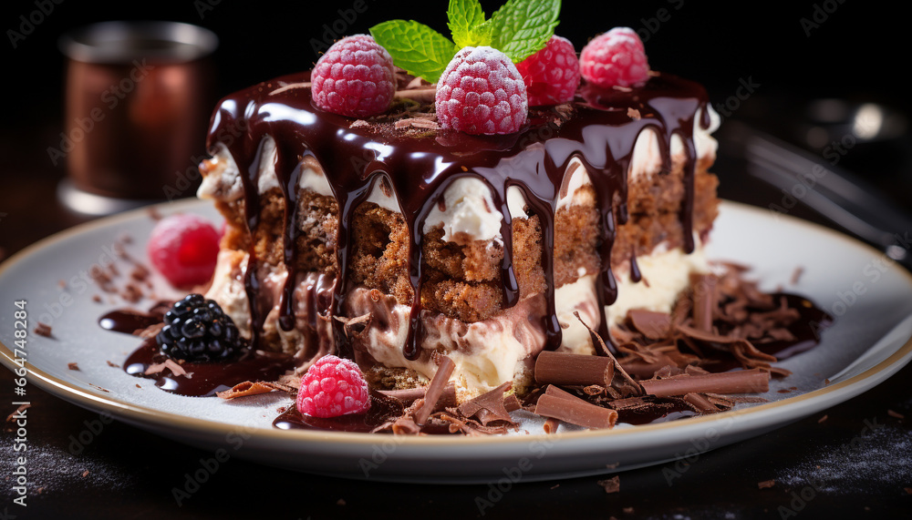 A plate of gourmet chocolate dessert with fresh raspberry slice generated by AI