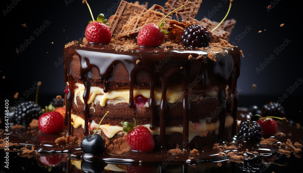 Indulgent homemade chocolate dessert with fresh strawberry and raspberry slice generated by AI