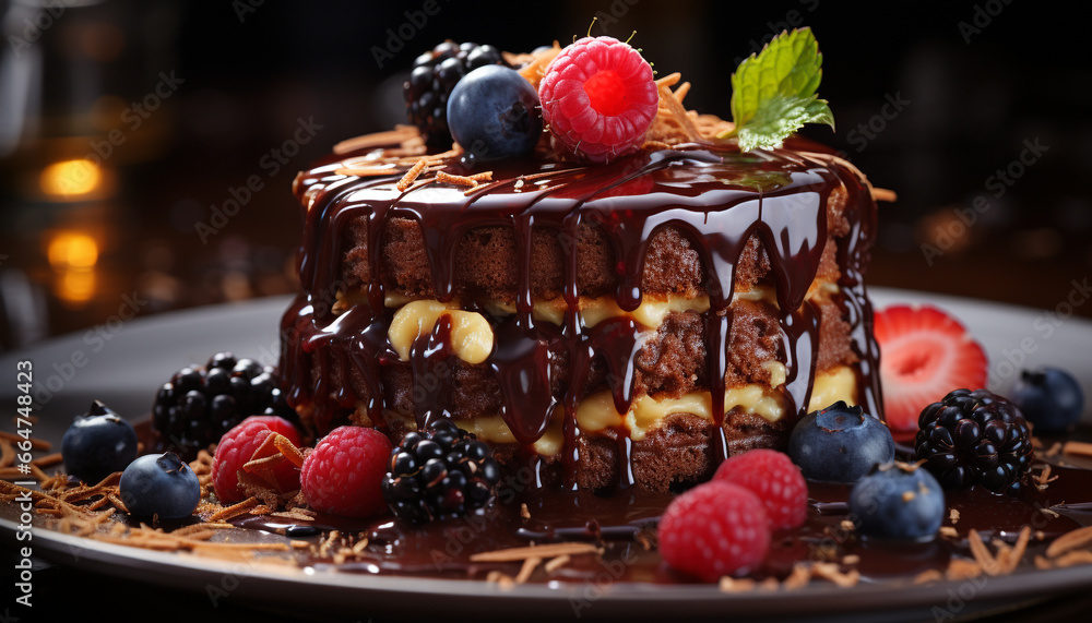 A plate of homemade chocolate cake with fresh berry decoration generated by AI