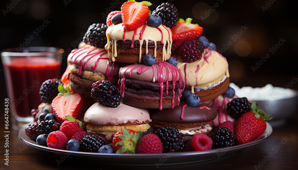 Sweet food, gourmet indulgence, fresh berry fruit, homemade celebration, small cupcake generated by AI