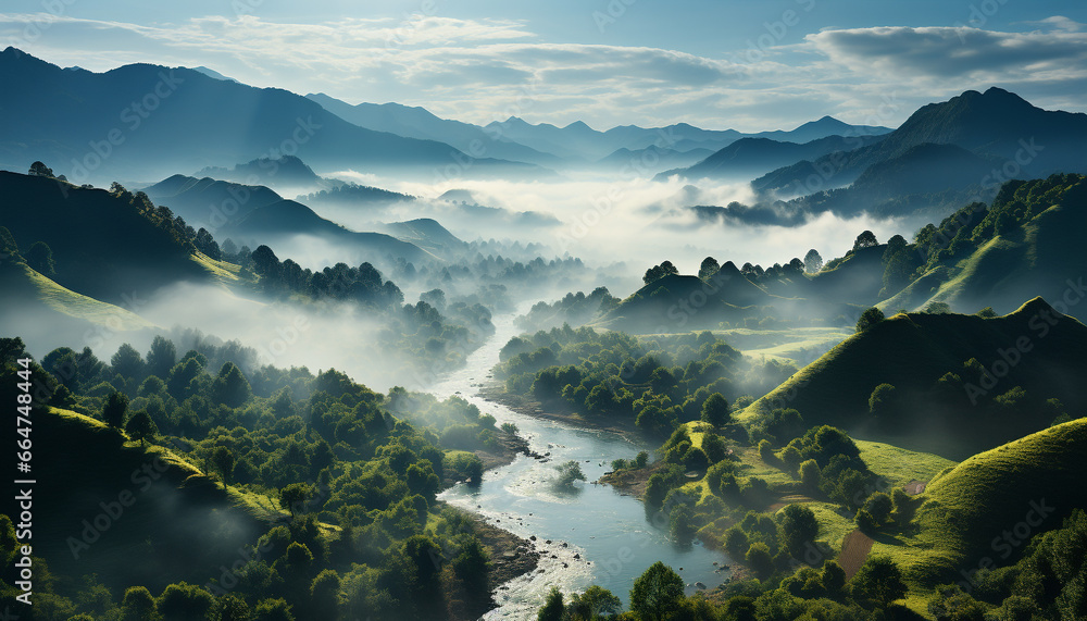 Tranquil scene  mountain peak, fog, forest, meadow, sunset, reflection generated by AI