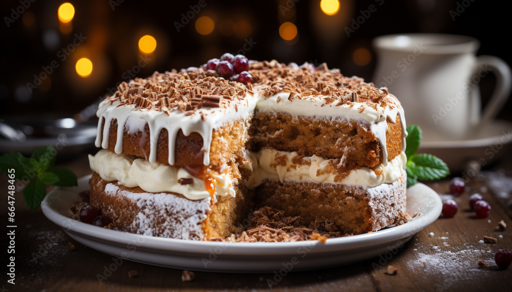 Freshly baked homemade chocolate dessert on a rustic wooden table generated by AI