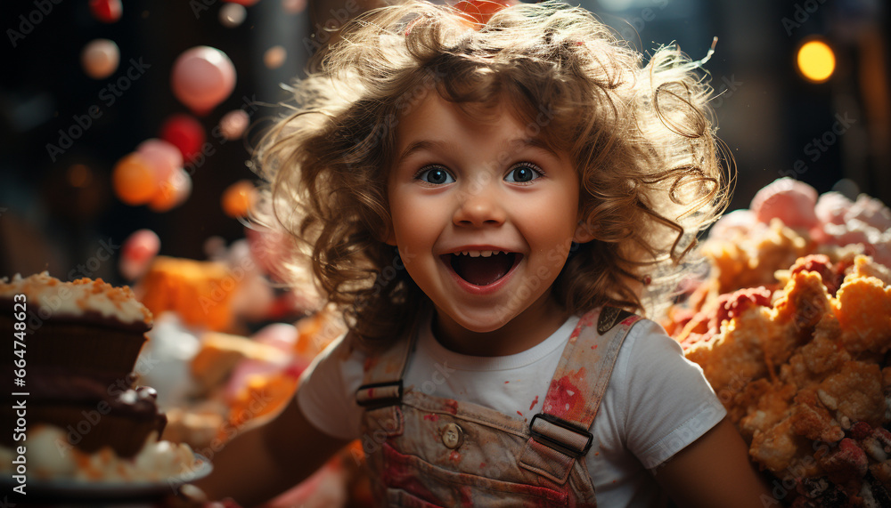 Smiling cute girl enjoys sweet food, cheerful celebration with family generated by AI