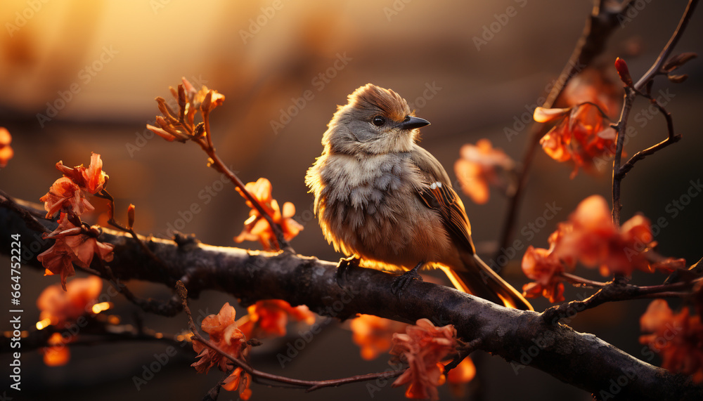 A small sparrow perching on a branch, surrounded by autumn leaves generated by AI