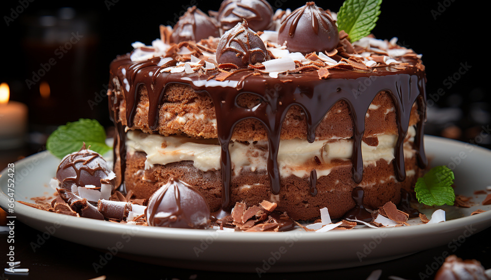 A slice of dark chocolate cake with whipped cream icing generated by AI