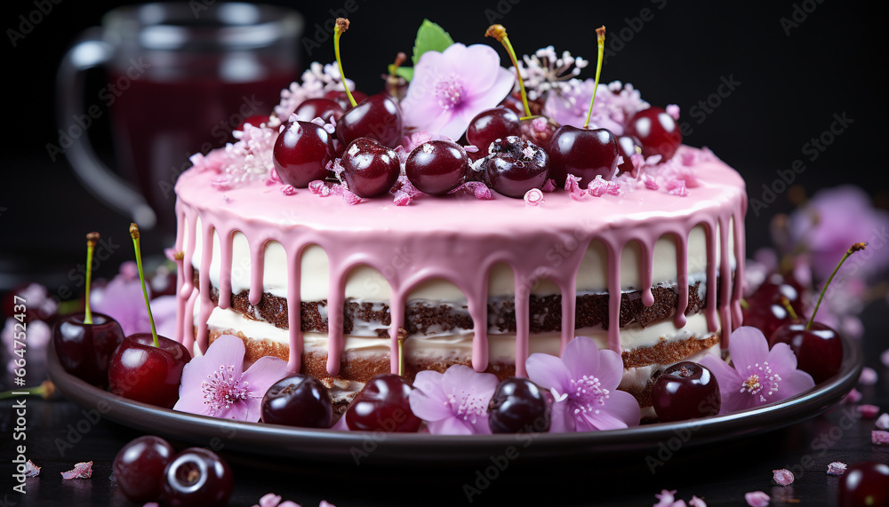 Gourmet chocolate cake with fresh berries, cream, and decoration generated by AI