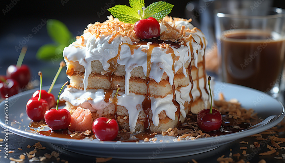 Gourmet dessert plate with fresh fruit, whipped cream, and chocolate generated by AI