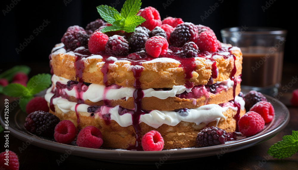 Homemade raspberry dessert, gourmet indulgence on a fresh berry plate generated by AI