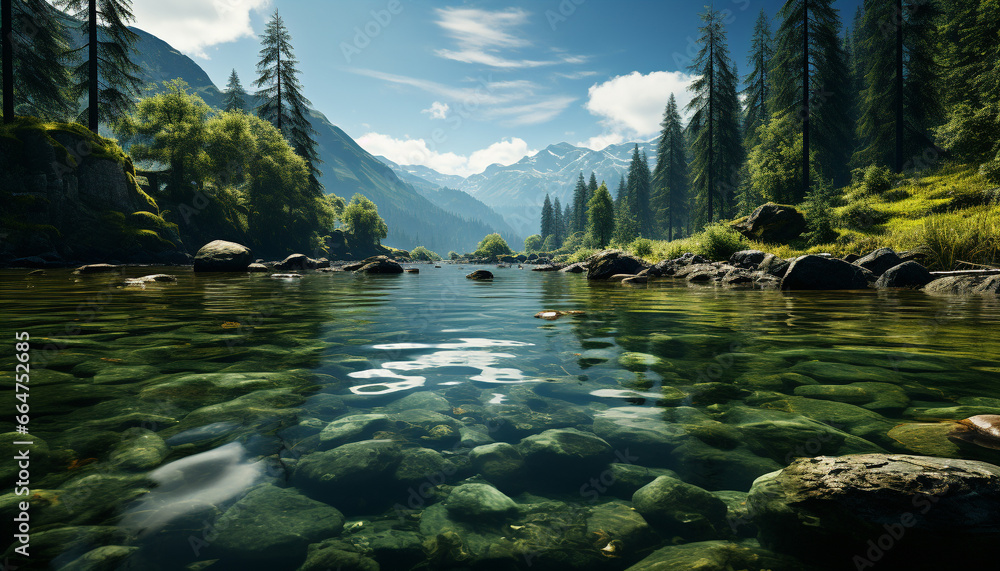 Majestic mountain peak reflects in tranquil pond, showcasing nature beauty generated by AI