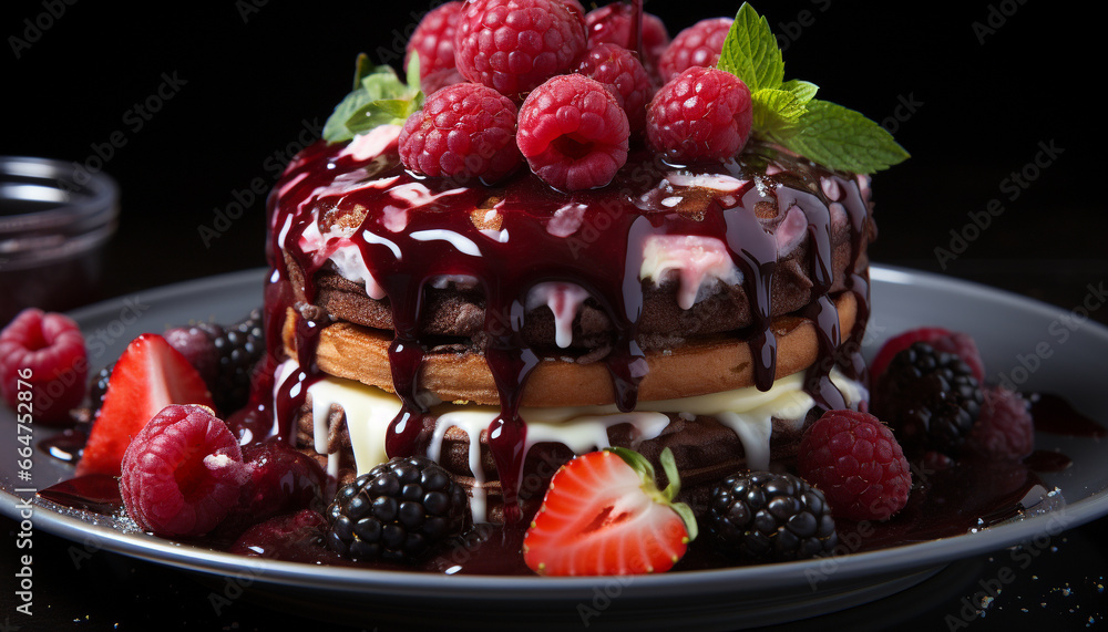 Fresh raspberry dessert on a gourmet plate, sweet indulgence with chocolate generated by AI