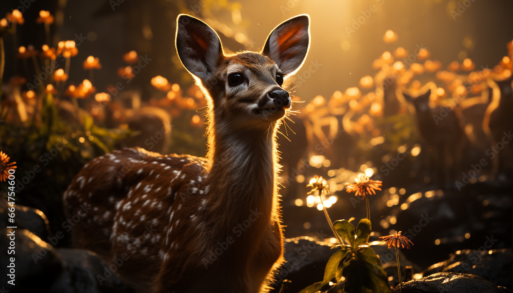 Cute deer looking at camera in grassy meadow at sunset generated by AI