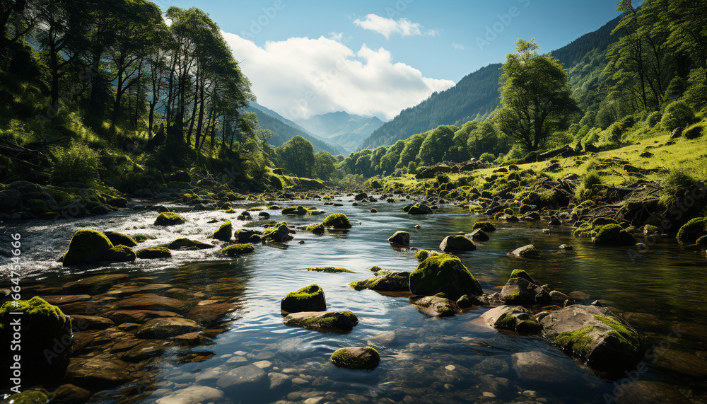 Nature beauty  landscape, forest, mountain, water, tree, green, rock generated by AI