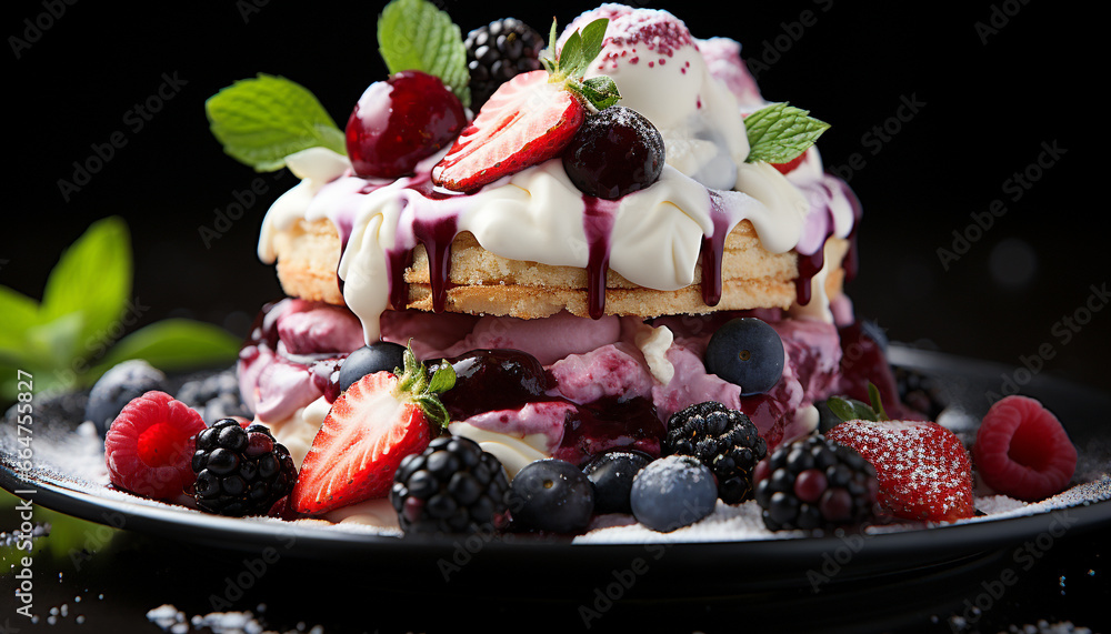 Freshness and sweetness on a plate  berry fruit, whipped cream generated by AI