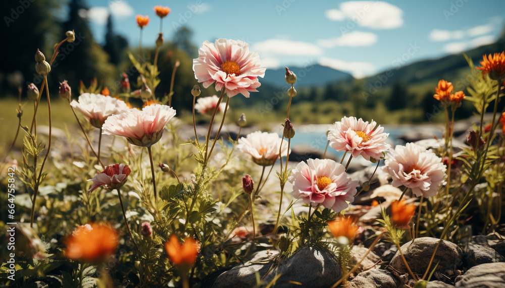 Beautiful meadow of wildflowers, vibrant colors under the summer sun generated by AI