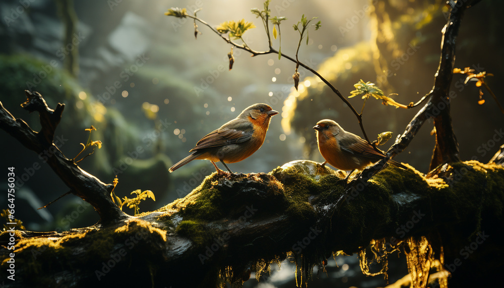 Small bird perching on branch, surrounded by beautiful nature generated by AI