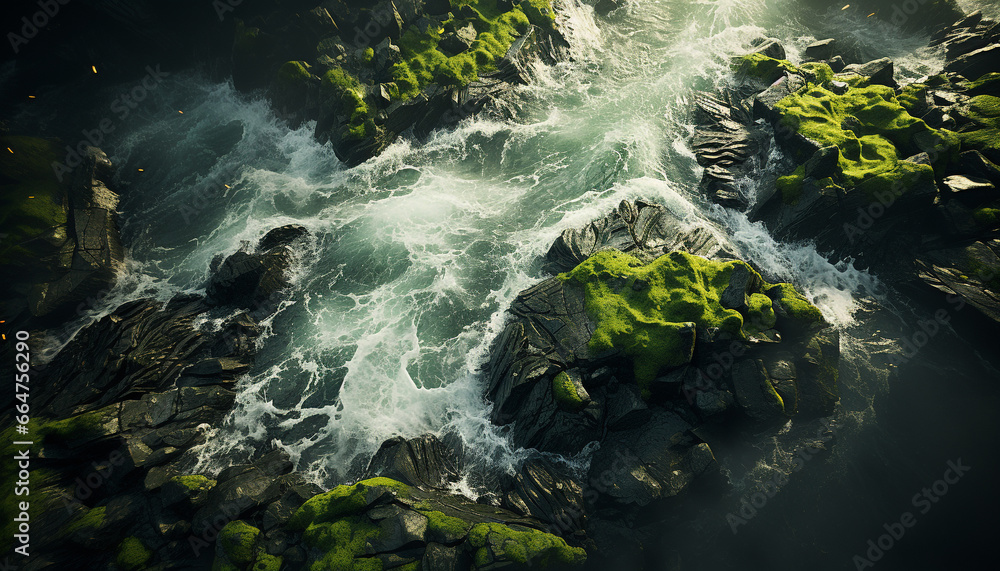 Nature beauty in summer  flowing water, green forest, and rocky cliffs generated by AI