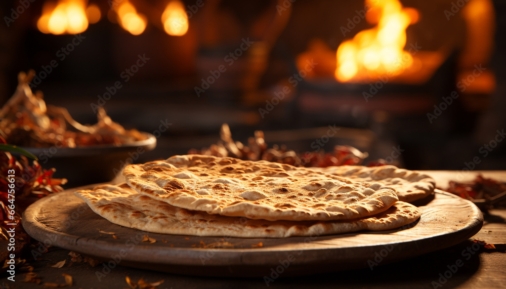 Freshly baked bread on a wooden table, ready to be eaten generated by AI