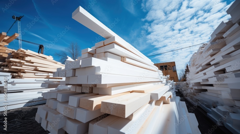 Yacht-building materials stacked in piles for assembly.