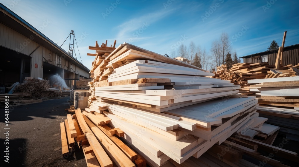 Yacht-building materials stacked in piles for assembly.