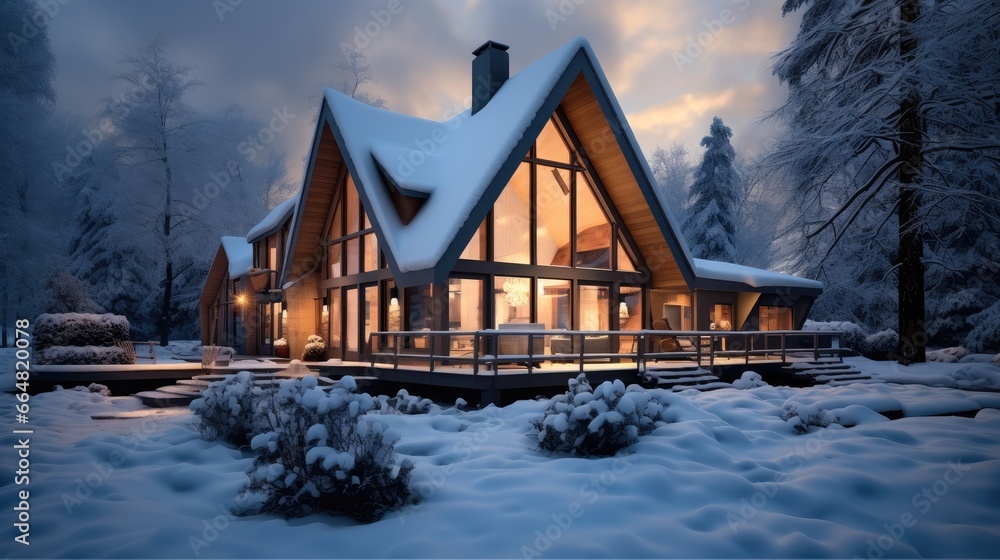 Beautiful modern exterior of cottage covered in snow in winter evening.