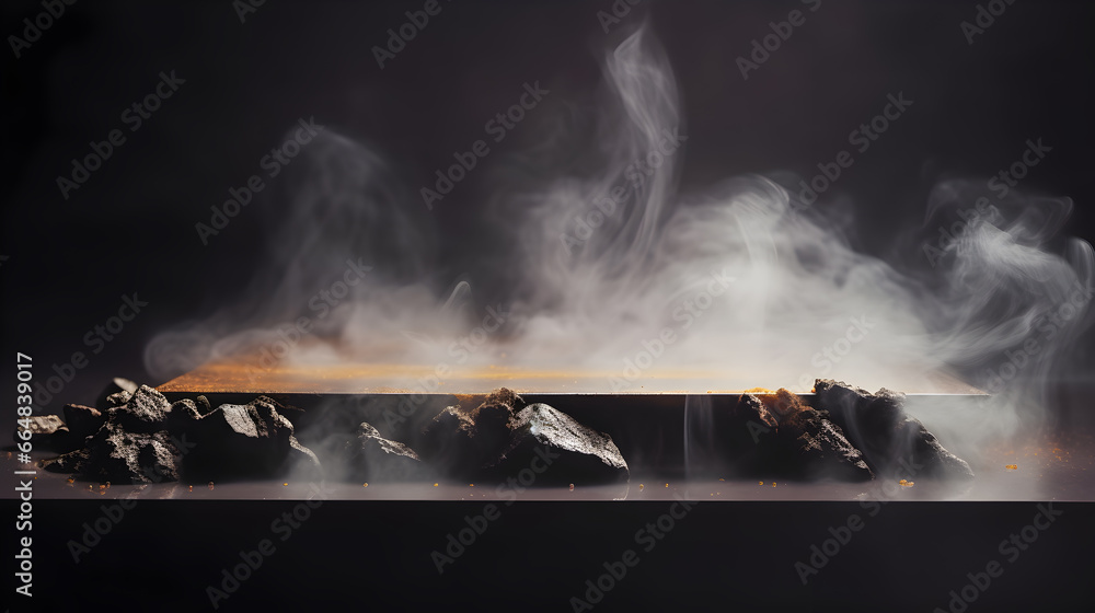 Abstract minimal concept. Dark background with natural granite stones podium on water and smoke surrounding. Mock up template for product presentation