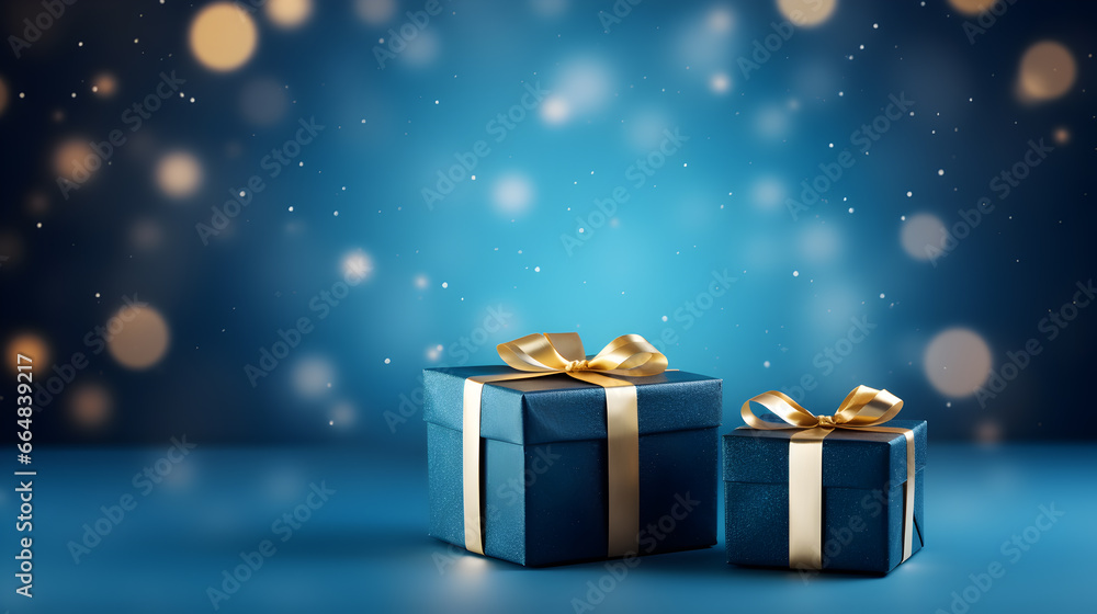 Blue Christmas gift boxes with gold bow on blue defocused holiday background,  Christmas background