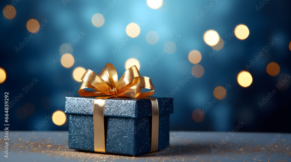 Blue Christmas gift boxes with gold bow on blue defocused holiday background,  Christmas background