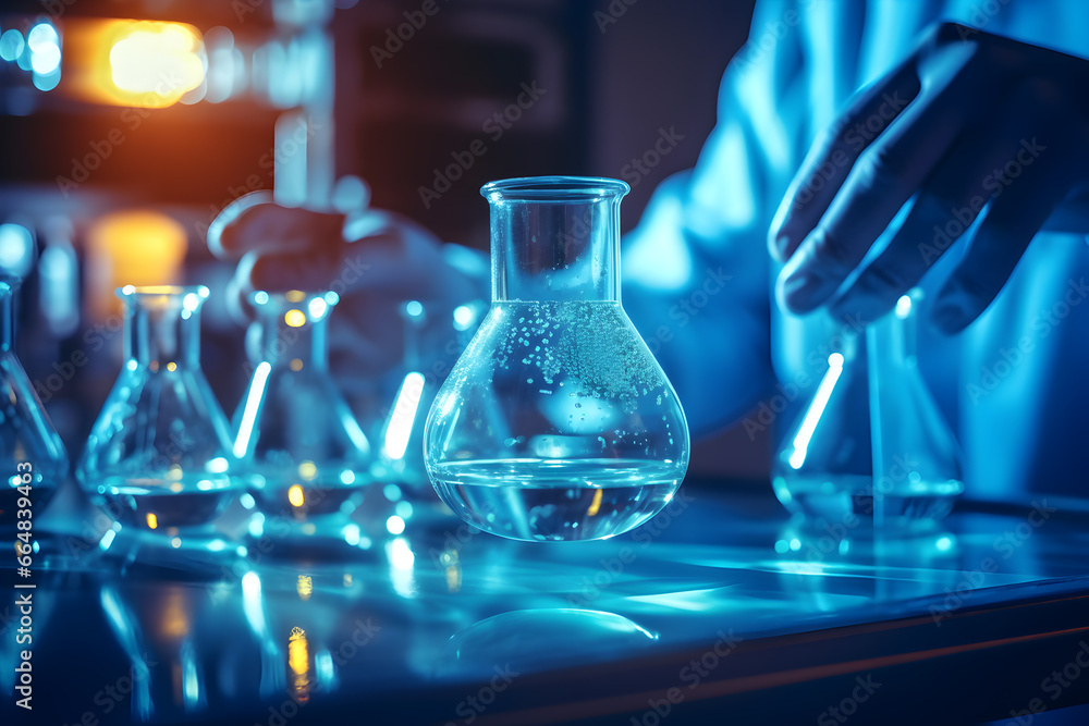 Scientist in laboratory analyzing blue substance in beaker, conducting medical research for pharmaceutical discovery, biotechnology development in healthcare, science and chemistry concept