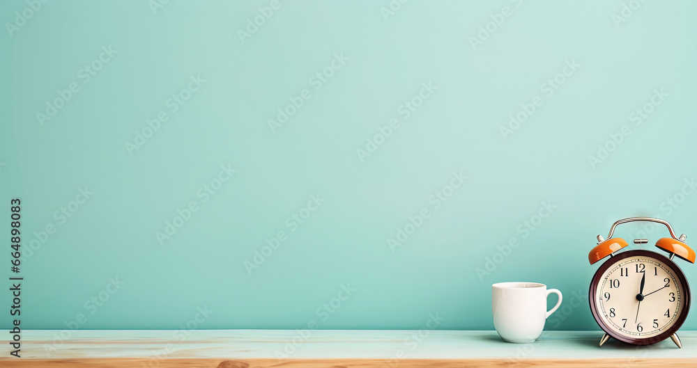 Vintage alarm clock and cup of hot coffee on the uniform pastel backdrop with a copy space. Generative AI