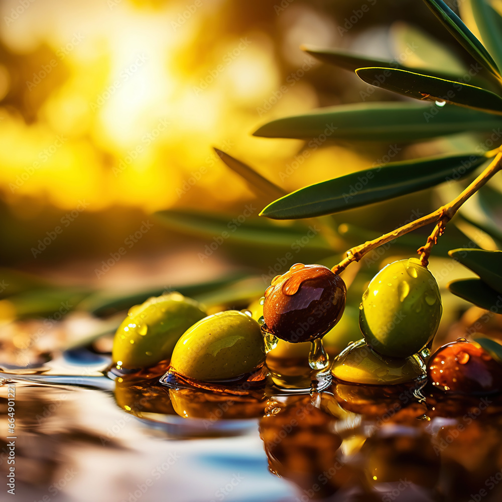 Closeup of olives with dew drops on the branch of olive tree on the sunset. Generative AI