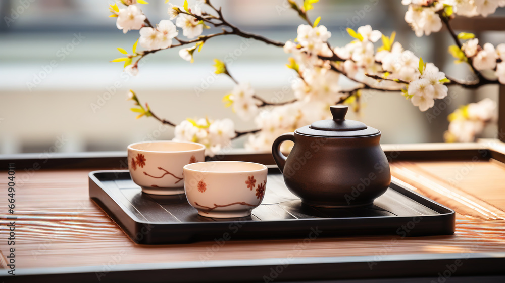 Tea ceremony, traditional teapot and ceramic cups on wooden tray on light background with sakura blossoms. Generative AI