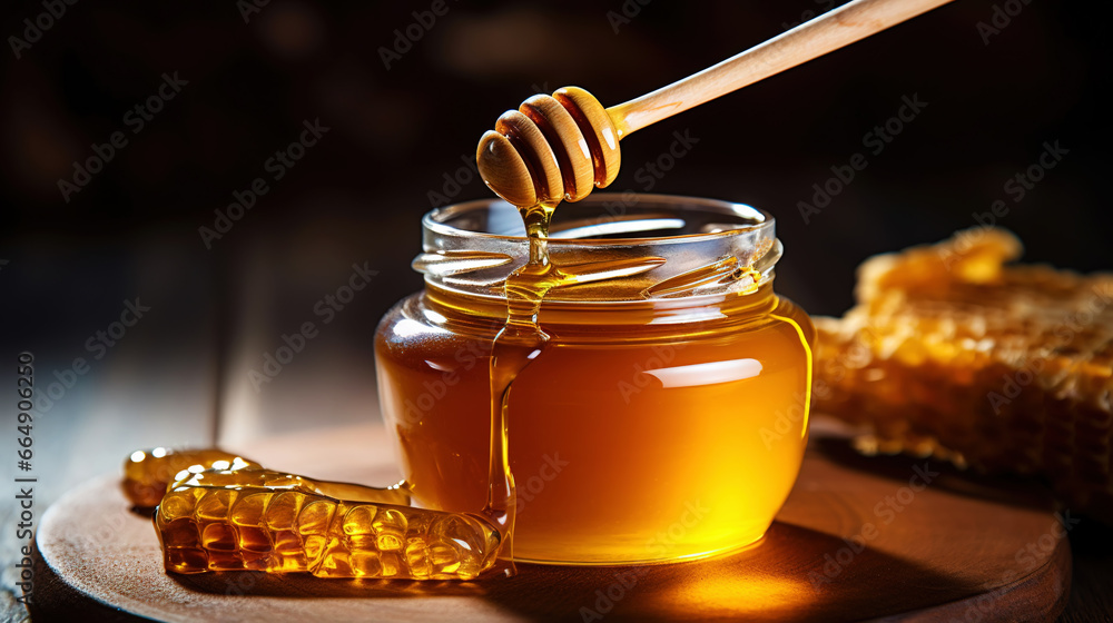 Close-up of a jar of honey, a dipper with dripping honey, on a wooden table with dark background. Generative AI